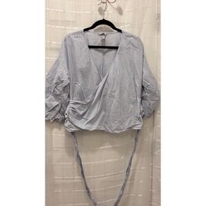 HM Blue White Striped Wrap Blouse Puff Sleeve Cotton Top Womens Size 14